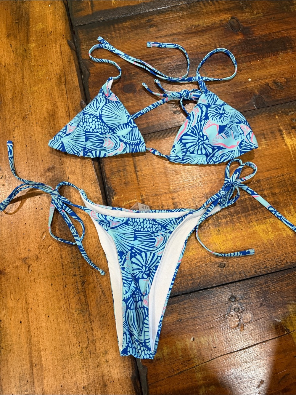 SHEIN Blue and Light Pink Floral Print Triangle Bikini